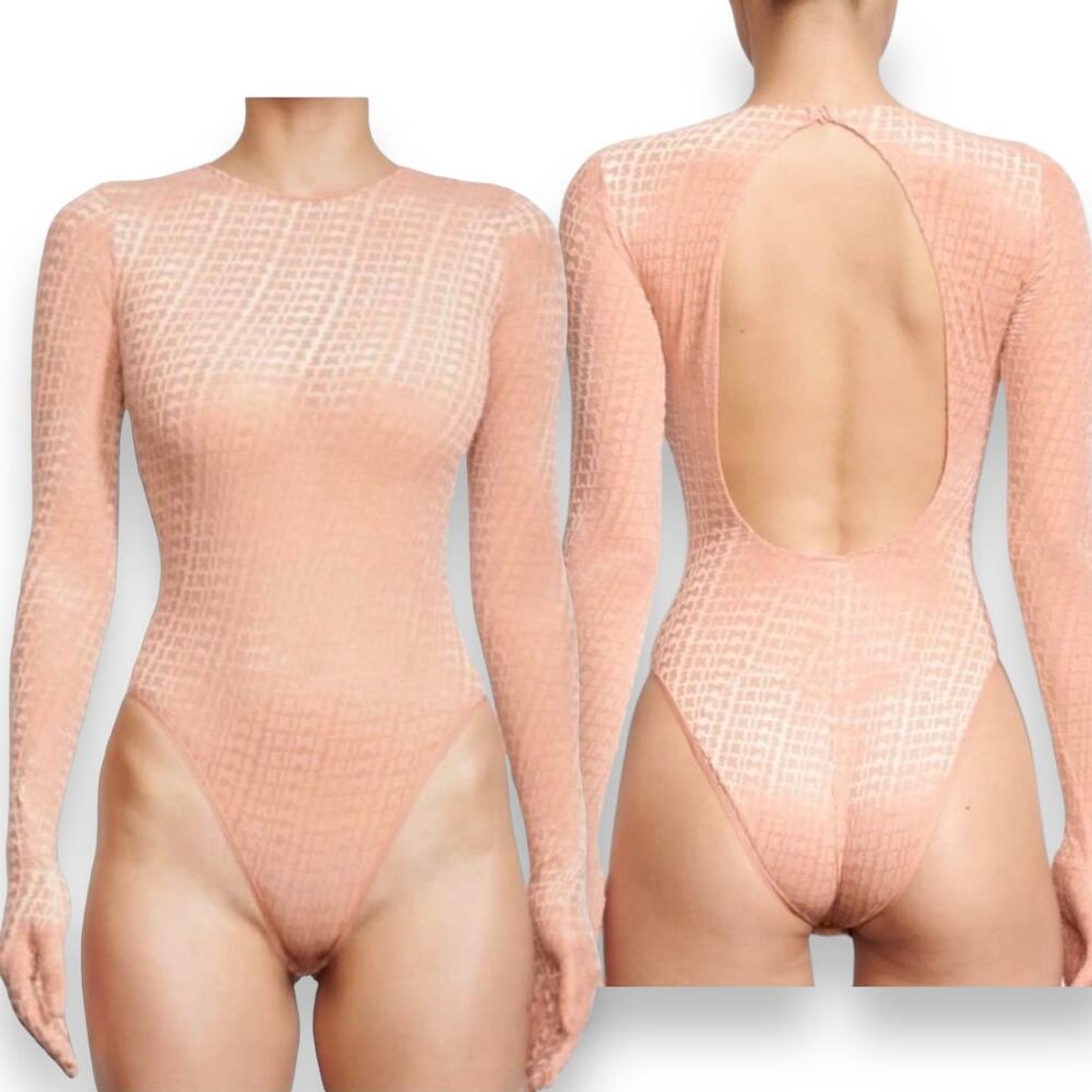 Skims Velvet Glove Bodysuit in Peach Orange Pink Open Back Gloved Cheeky Catsuit